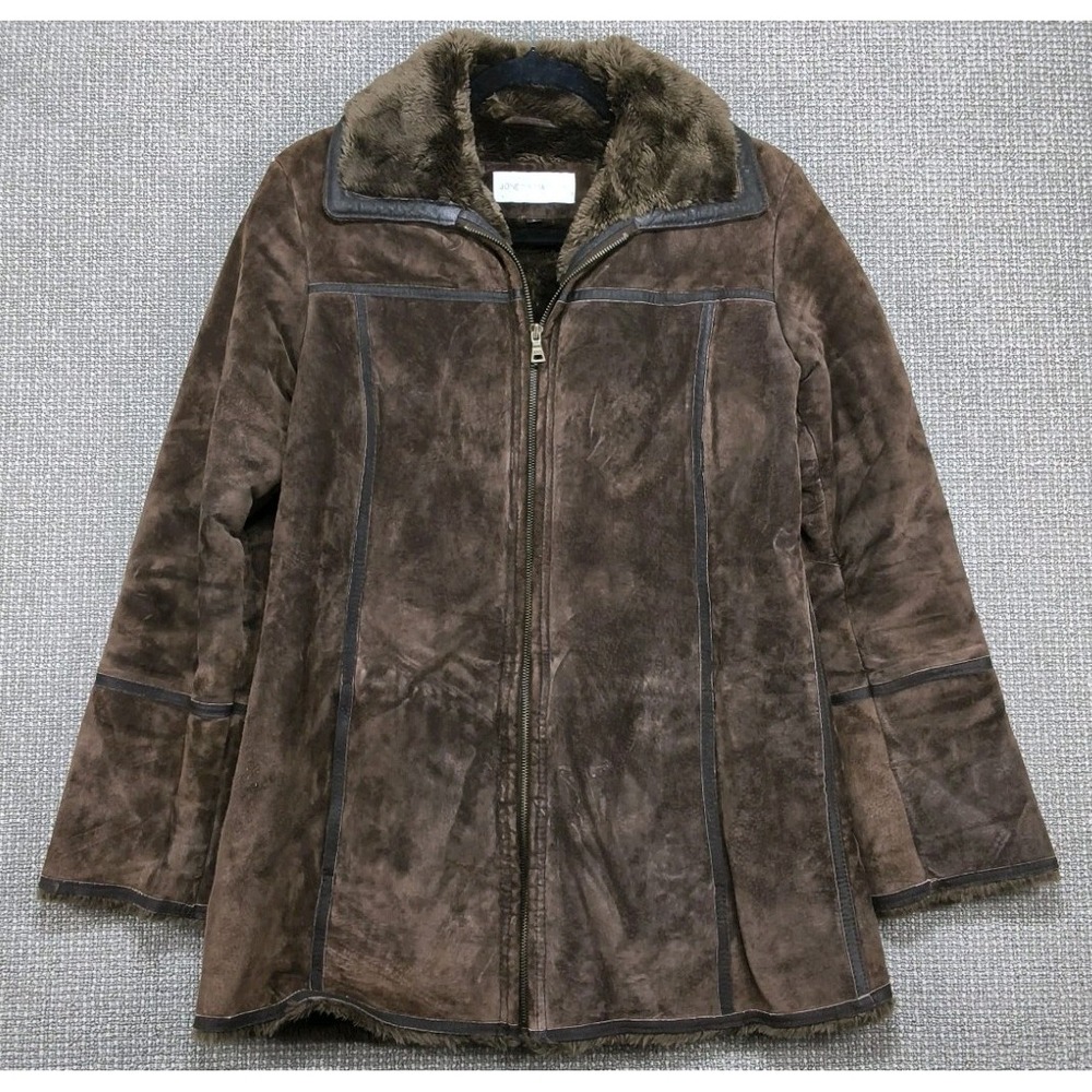 Jones New York Sport Women's Small Genuine Suede Leather Faux Fur Trim Coat